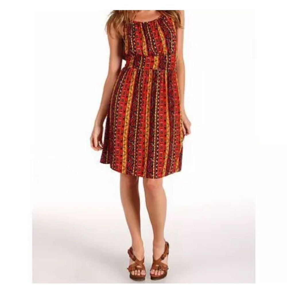 Lucky Brand Ruched Waist Summer Nights Jordana Dress Red Multi color size M